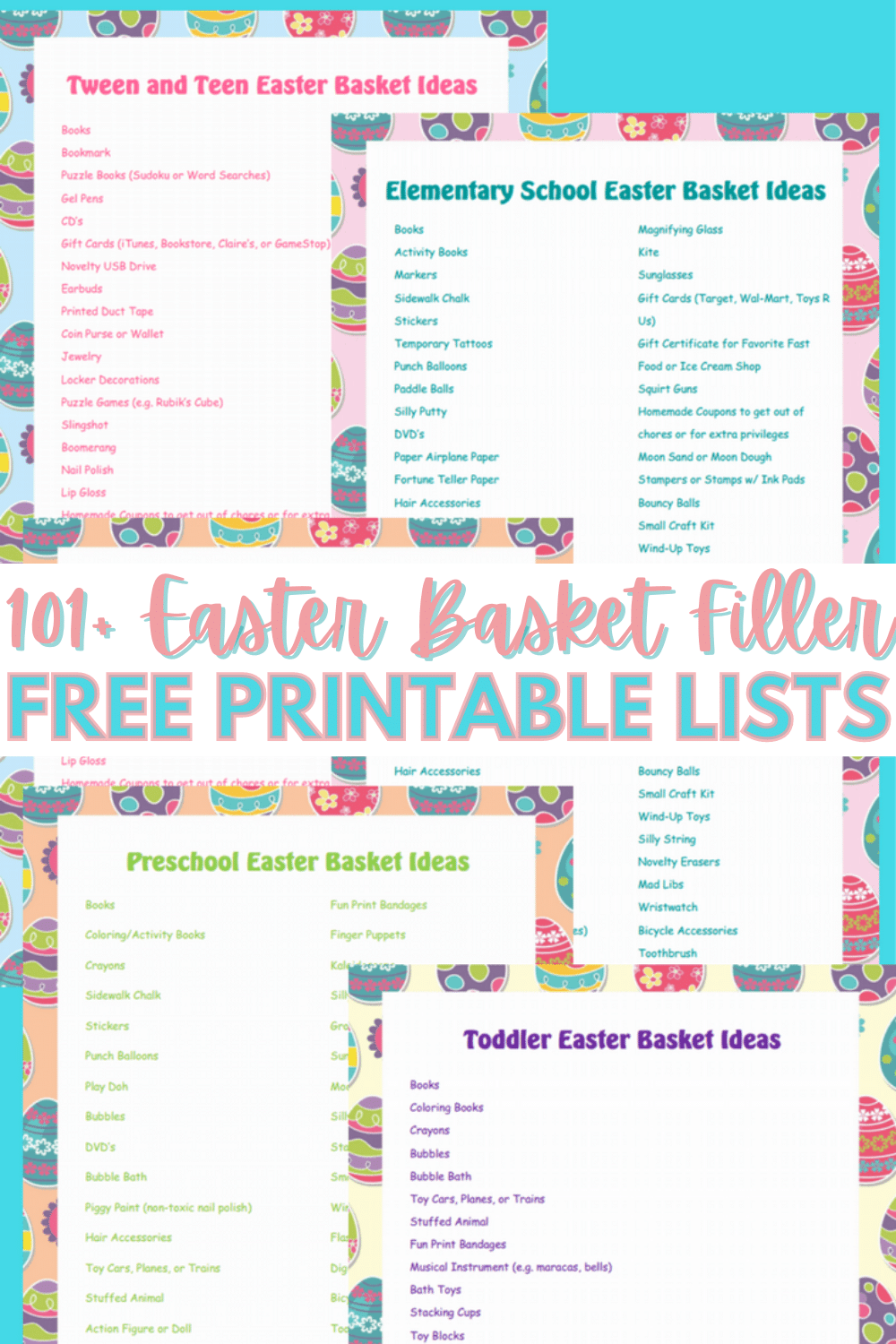 Over 100 Easter ideas for basket fillers plus ideas for decorating and organizing. There are four printable lists of ideas for toddlers through teens. #easter #easterbasket #freeprintable #easterbasketideas via @wondermomwannab