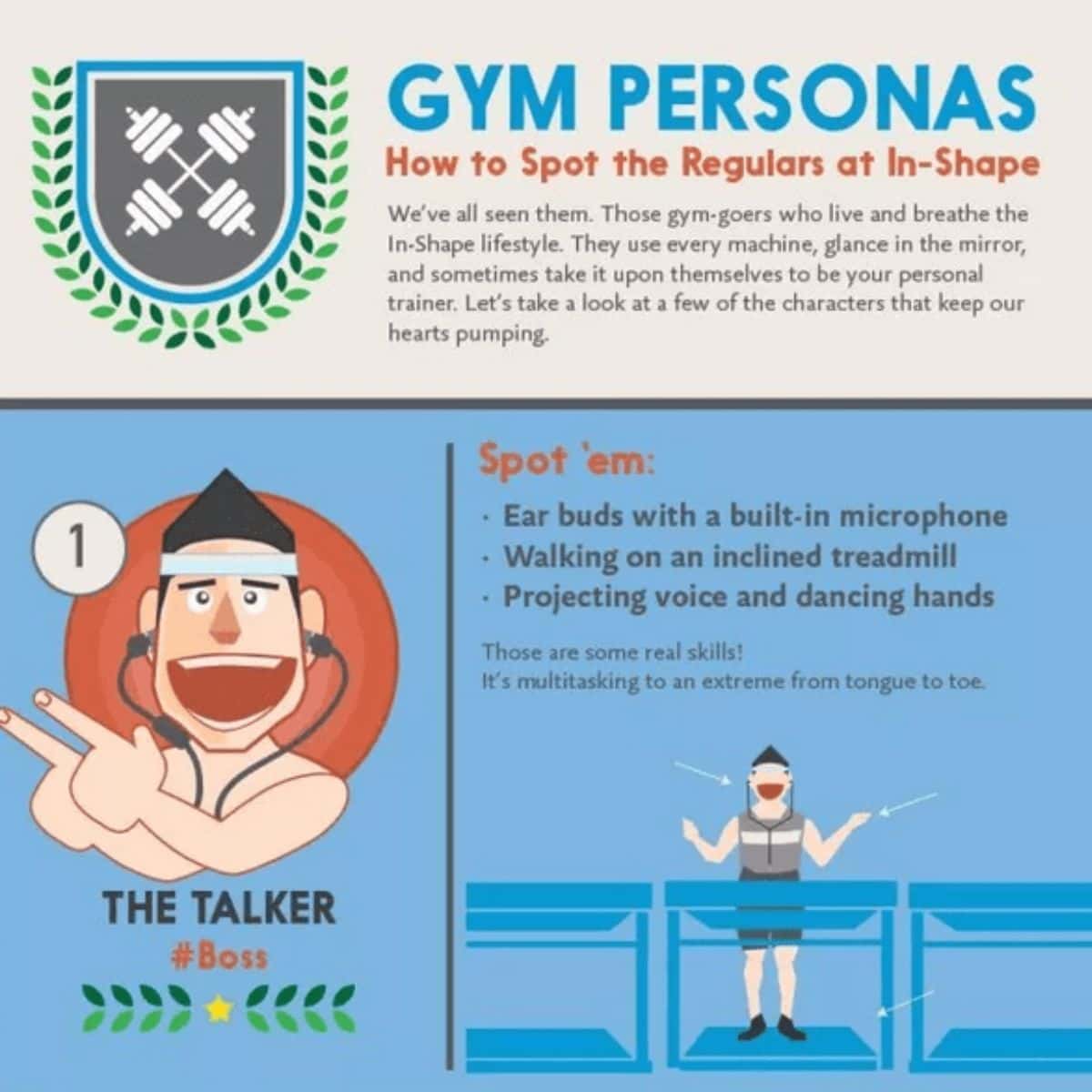 An illustrated infographic titled "Gym Personas" features "The Talker," a person on a treadmill with earbuds and a microphone, chatting away instead of trying to speed up your workout.