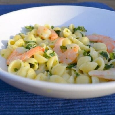 A white bowl filled with shell pasta, shrimp, and chopped herbs, set on a blue surface—a quick and easy dinner recipe perfect for busy weeknights.