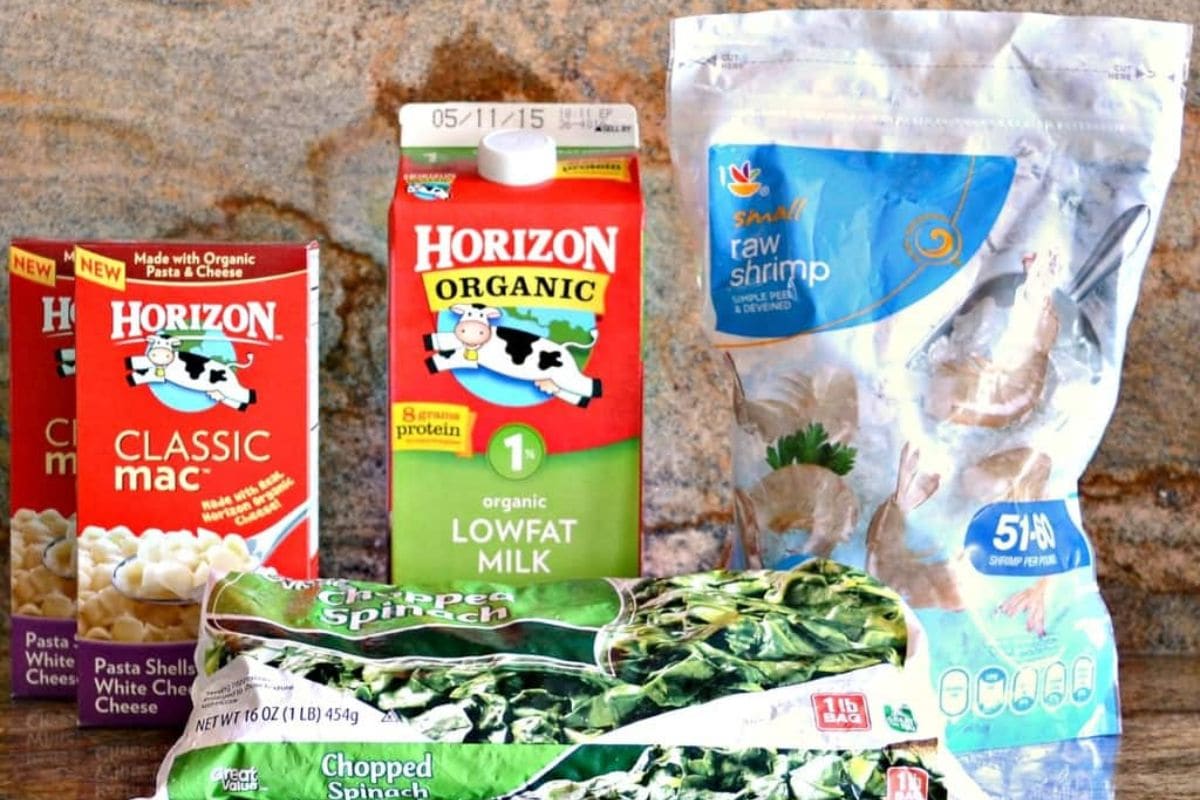 Ingredients need for a Florentine Shrimp Macaroni meal.