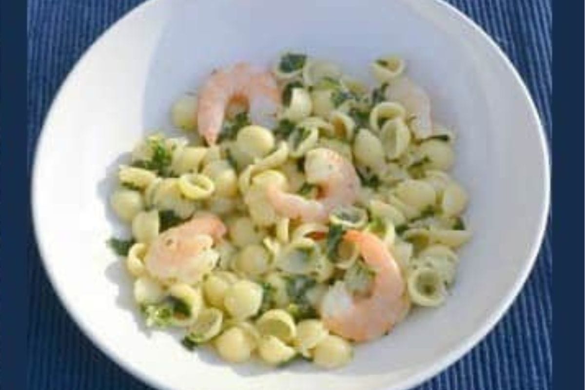 A white bowl containing pasta shells mixed with shrimp and chopped herbs.