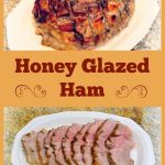 Honey glazed ham on white serving dish