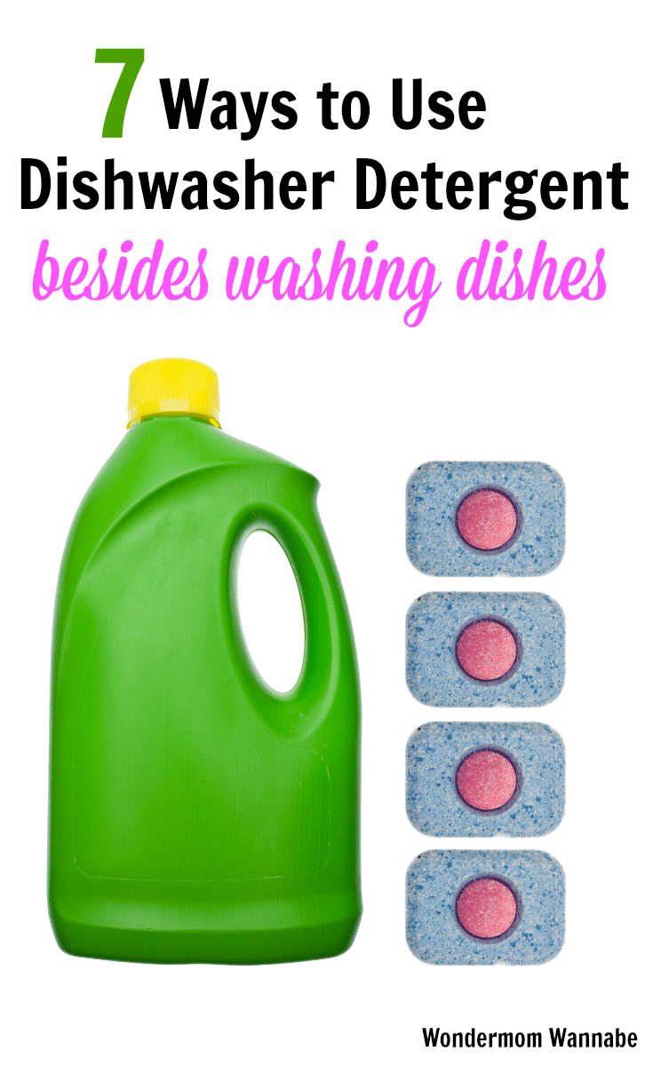 a bottle of dishwasher detergent and some dishwasher pods on a white background with title text reading 7 Ways to Use Dishwasher Detergent besides washing dishes