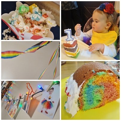 a collage of rainbow food and decorations to have at a rainbow themed birthday party