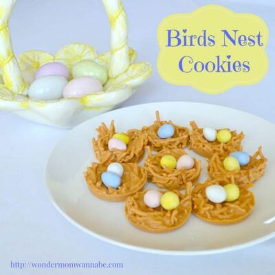 A plate of birds nest cookies topped with pastel candy eggs sits beside a ceramic basket filled with pastel eggs. Text reads "Birds Nest Cookies.