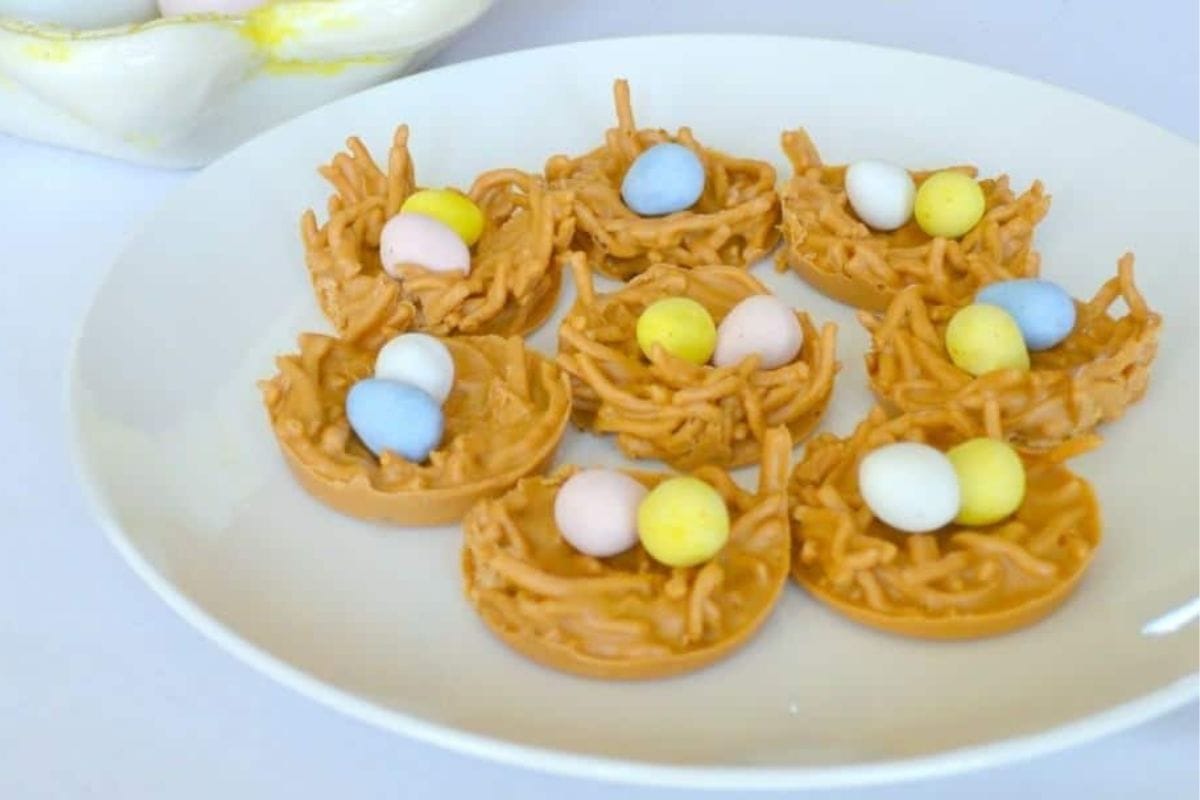 A white plate holds several birds nest cookies.