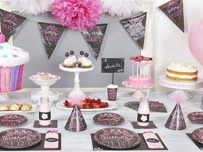 Pink chalkboard themed party decorations