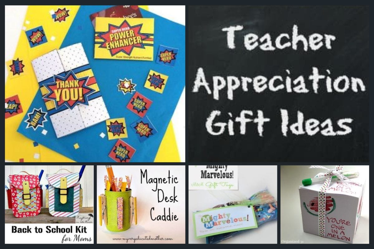 Collage of teacher appreciation gift ideas.