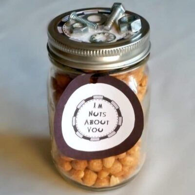 A jar filled with peanuts, labeled "I’m nuts about you," with metal nuts and bolts on the lid—a clever DIY Father's Day Gift that shows your appreciation with a fun twist.