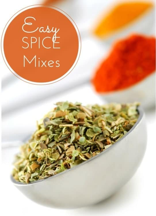 closeup view of a spice in a teaspoon with more blurred in the background with title text reading Easy Spice Mixes