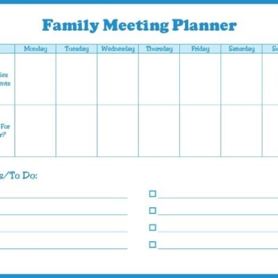Family meeting planner with space for activities and events, dinner, chores, to do
