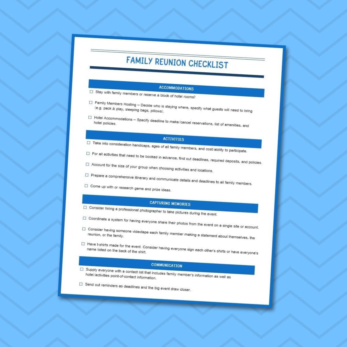 A printed great big family reunion checklist with sections for accommodations, activities, capturing memories, and communication, displayed on a blue patterned background.