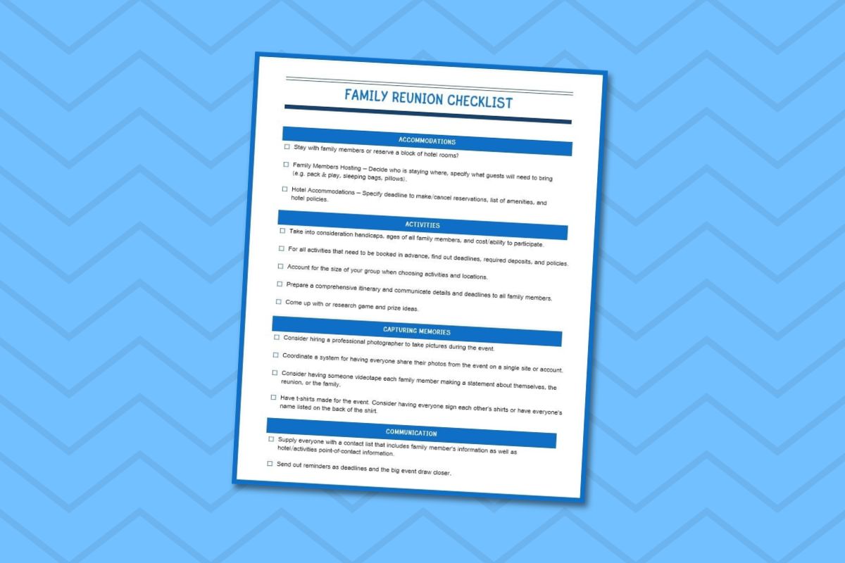 A family reunion checklist for your great big family reunion displayed on a blue background.