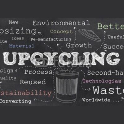 Chalkboard-style graphic with "Upcycling" in the center, surrounded by words like "reuse," "waste," and "sustainability"—perfect inspiration for making upcycling a feature of your interior design.