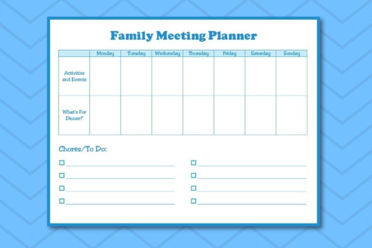 A family meeting planner with days of the week, sections for activities and events, dinner plans, plus a checklist for chores or to-dos-all on a blue background. Perfect for keeping your weekly family meetings organized.