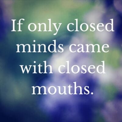 Text on a blurred green and purple background reads: "If only closed minds came with closed mouths." Perfect for sharing as one of those quotes about people who annoy you.