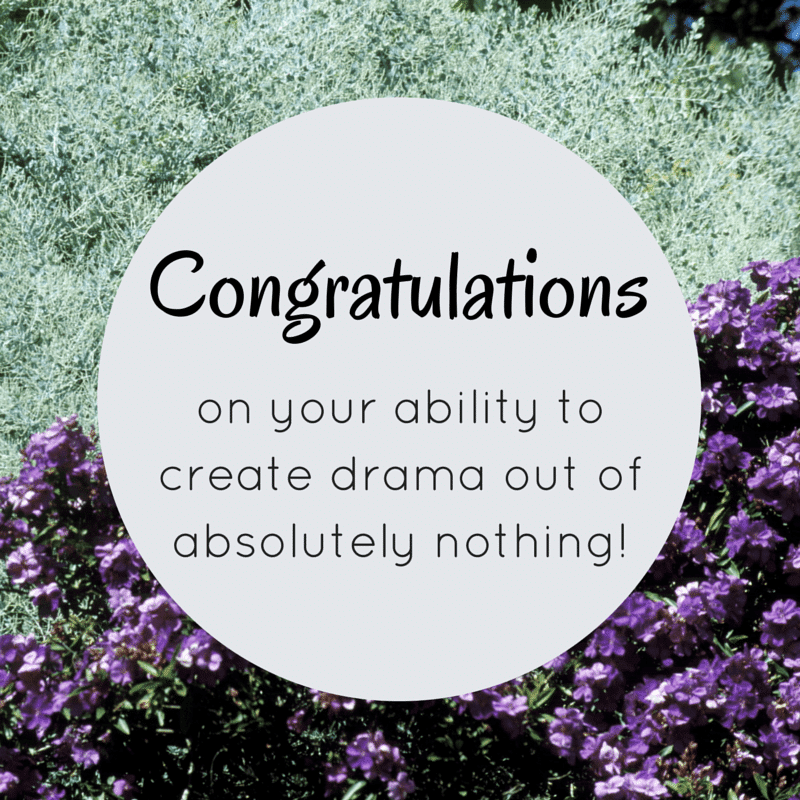flowers and grass with title text reading Congratulations on your ability to create drama out of absolutely nothing!