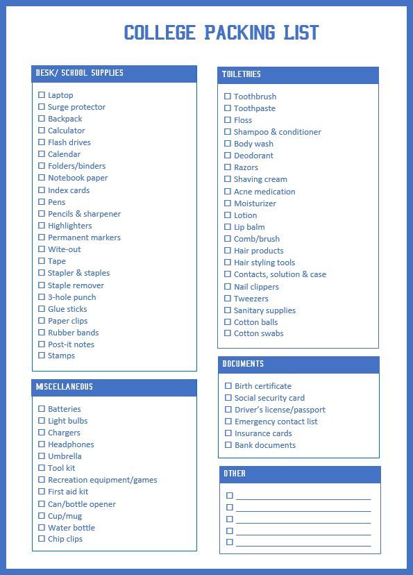 printable college packing list