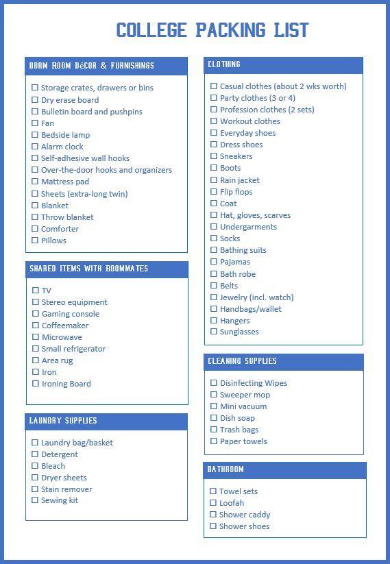 printable College Packing List