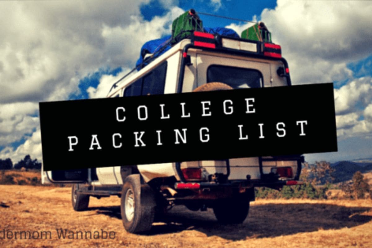 A packed SUV parked outdoors under a cloudy sky with the text "College Packing List" overlaid in large letters.