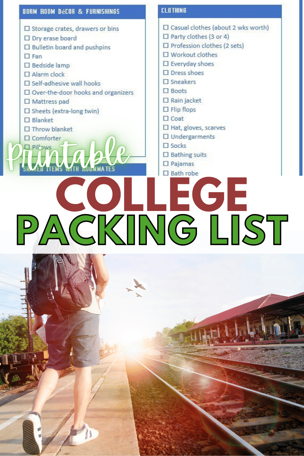 If you have a child going off to college, you'll need to know what to pack. Here's a 2-page college packing list for first-year students moving into a dorm. #collegestudent #collegepackinglist #college #printable via @wondermomwannab