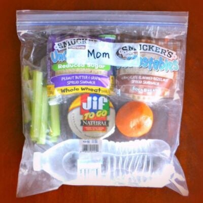 A clear ziplock bag contains celery sticks, peanut butter, a mandarin, a water bottle, and two packaged sandwiches on a wooden surface—perfect for your next family road trip snackation.