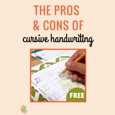 A hand holding a pencil practices writing the letter "D" on lined paper. Text above highlights the pros & cons of cursive handwriting, with "FREE" displayed on the image.