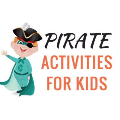 Cartoon child in a pirate costume waves next to the text "Pirate Activities for Kids" on a white background, perfect for sharing fun pirate learning ideas.
