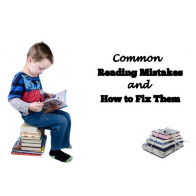 A young boy sits atop a stack of books, reading intently. The text “Common Reading Mistakes and How to Fix Them” and vivid illustrations of stacked books highlight helpful tips for overcoming common reading mistakes.
