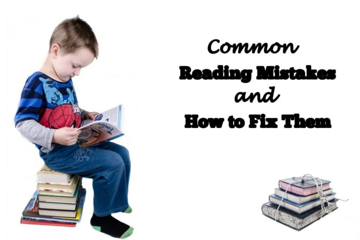 A young boy sits on a stack of books reading, next to text that highlights common reading mistakes and how to fix them, with a small stack of tied books nearby.