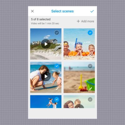 A phone screen shows a scene selection interface with six beach-themed images, five of which are selected with blue check marks—perfect inspiration if you’re wondering What to Do With All Those Pictures You Take With Your Phone.