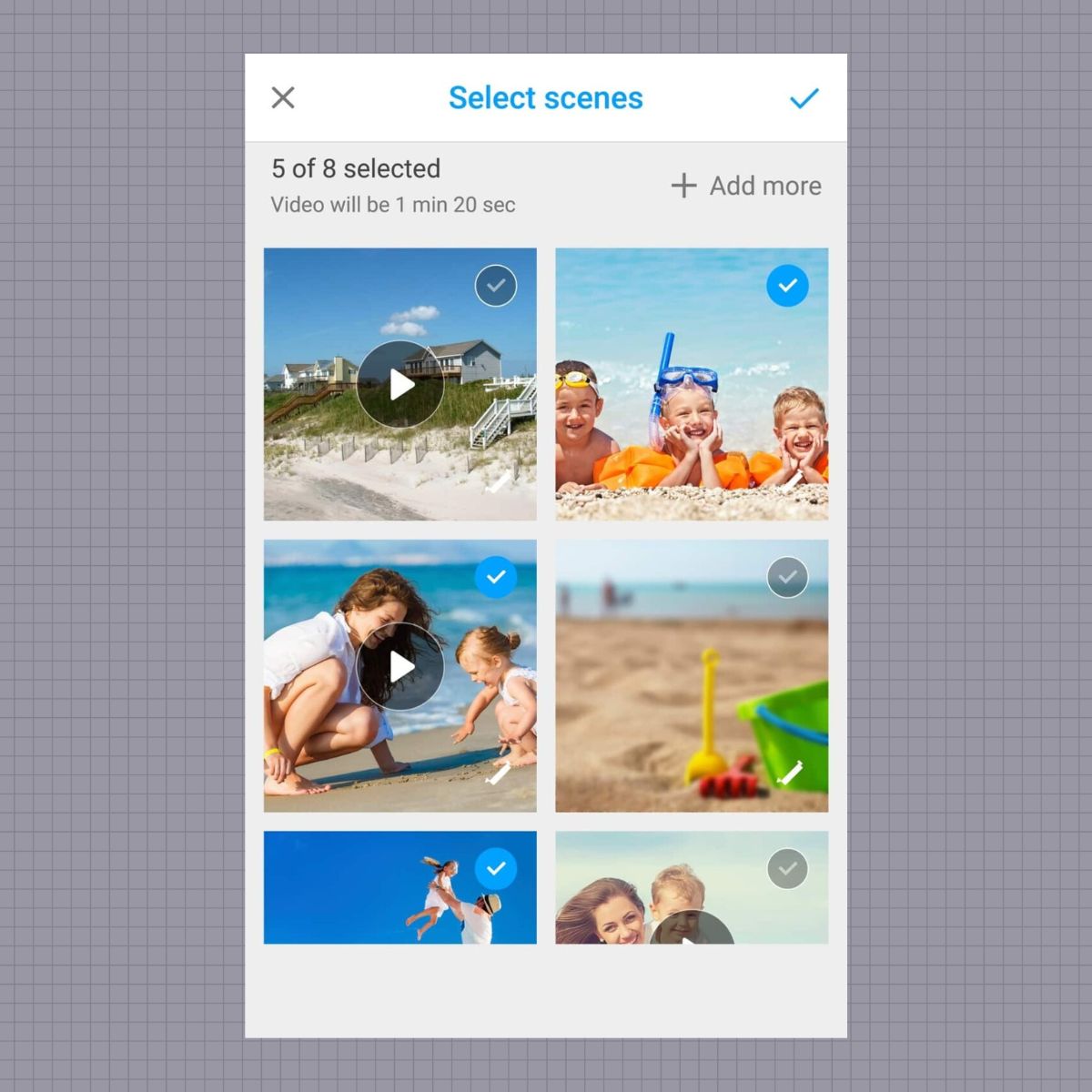 A phone screen shows a scene selection interface with six beach-themed images, five of which are selected with blue check marks—perfect inspiration if you’re wondering What to Do With All Those Pictures You Take With Your Phone.