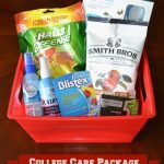 Red plastic bucket with cough drops, air freshener, candy, gum, chapstick, frebreze spray, and wrinkle release spray