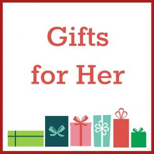 graphics of prensents on a white background with title text reading Gifts for Her