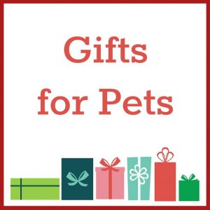 graphics of prensents on a white background with title text reading Gifts for Pets