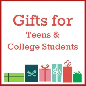 graphics of prensents on a white background with title text reading Gifts for Teens & College Students