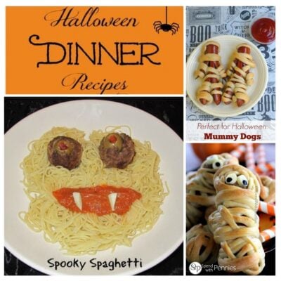 A collage featuring Halloween dinner recipes: a plate of spaghetti arranged as a monster face, hot dogs wrapped as mummies, and bread rolls made to look like spooky mummies.