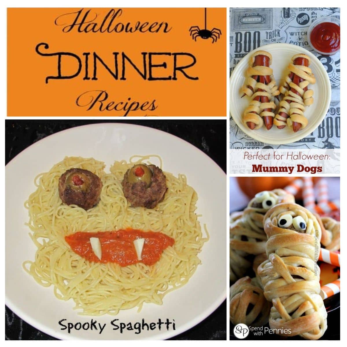 A collage featuring Halloween dinner recipes: a plate of spaghetti arranged as a monster face, hot dogs wrapped as mummies, and bread rolls made to look like spooky mummies.