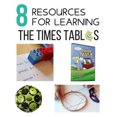 Collage with text "8 Resources for Learning the Times Tables," featuring multiplication resources like math tools, a book, a ball, and hands using string on a board.