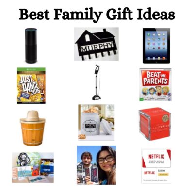 A collage of the best family gift ideas, featuring an Amazon Echo, personalized house sign, iPad, board games, fitness gifts, gourmet popcorn, and a Netflix gift card.