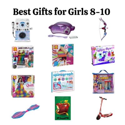 A selection of the best gifts for 8-10 year old girls, featuring craft kits, science kits, a camera, bow set, Spirograph, scooter, waveboard, and a book—all attractively arranged in a grid.