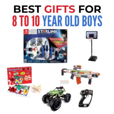 A collage of toys, including a video game set, mini basketball hoop, Snap Circuits kit, toy blaster, and remote control car, highlights the Best Gifts for 8 to 10-Year Old Boys.