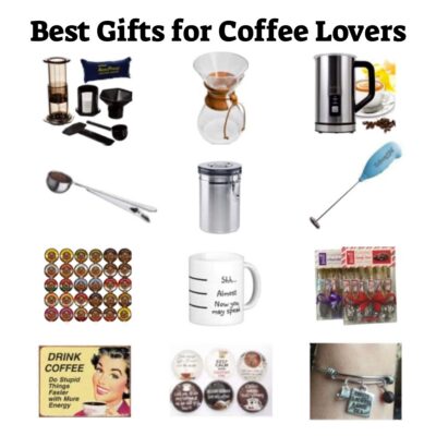 A grid of twelve best gifts for coffee lovers, featuring makers, mugs, tools, storage solutions, coffee pods, novelty signs, and unique coffee-themed accessories under the title "Best Gifts for Coffee Lovers.
