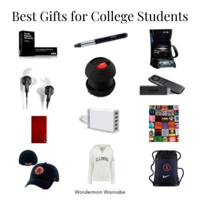 A grid of twelve items labeled "Best Gifts for College Students," featuring headphones, pen, coffee maker, streaming device, portable charger, hoodie, cap, drawstring bag, and more—discover the best gifts for college students in one place.