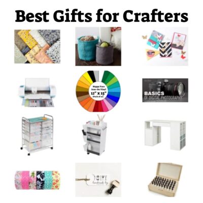 A grid showcases the best gifts for crafters, featuring fabric, yarn, paper crafts, a Cricut machine, thread set, photography book, storage carts, craft desk, washi tape, jewelry kit, and a paintbrush set.