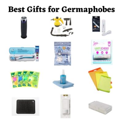 A grid of cleaning and sanitizing products titled "Best Gifts for Germaphobes," featuring wipes, sanitizer sprays, UV sanitizers, brushes, cloths, and top disinfectant items—perfect for anyone seeking the best gifts for germaphobes.