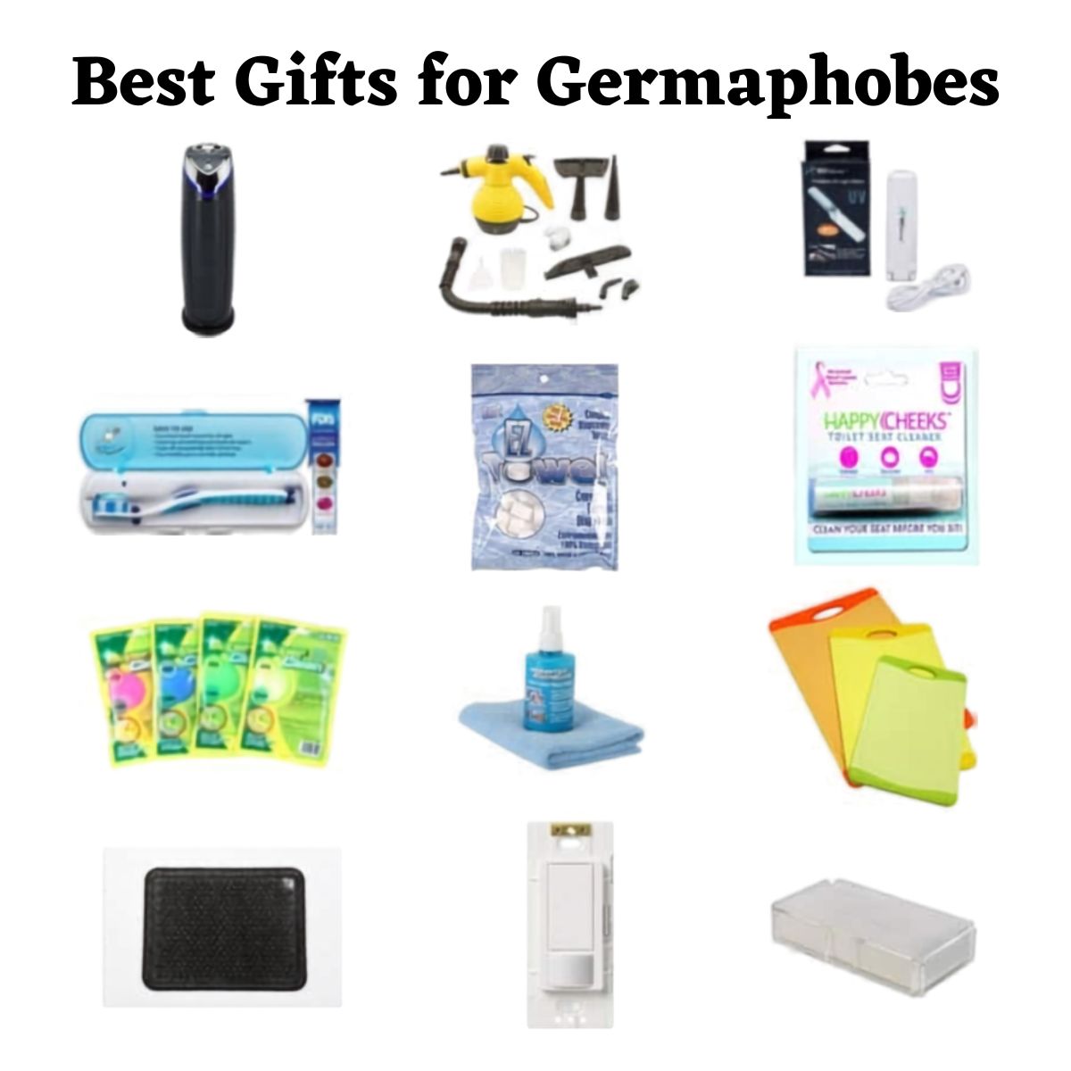 A grid of cleaning and sanitizing products titled "Best Gifts for Germaphobes," featuring wipes, sanitizer sprays, UV sanitizers, brushes, cloths, and top disinfectant items—perfect for anyone seeking the best gifts for germaphobes.