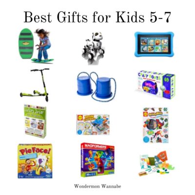 A vibrant collage showcases the Best Gifts for Kids 5-7, featuring a scooter, robot dog, tablet, building kits, board games, drawing set, and watering cans—all perfect for sparking creativity and fun.