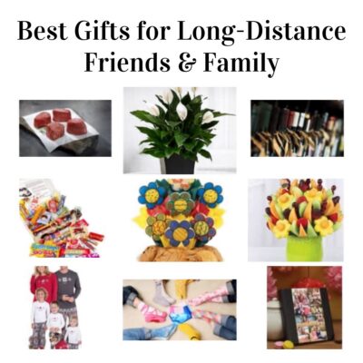A grid of nine best gifts for long-distance friends and family, featuring snacks, plants, wine, candy, fruit arrangements, flowers, custom shirts, cozy socks, and a photo frame.
