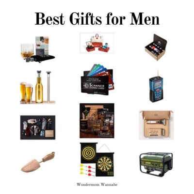 A collage of the best gifts for men, featuring barware, gift cards, gadgets, grooming kits, tools, a dartboard, and a portable generator.